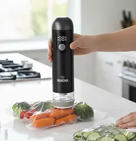 Hand using the Wamoma cordless vacuum sealer on a bag of vegetables in a kitchen